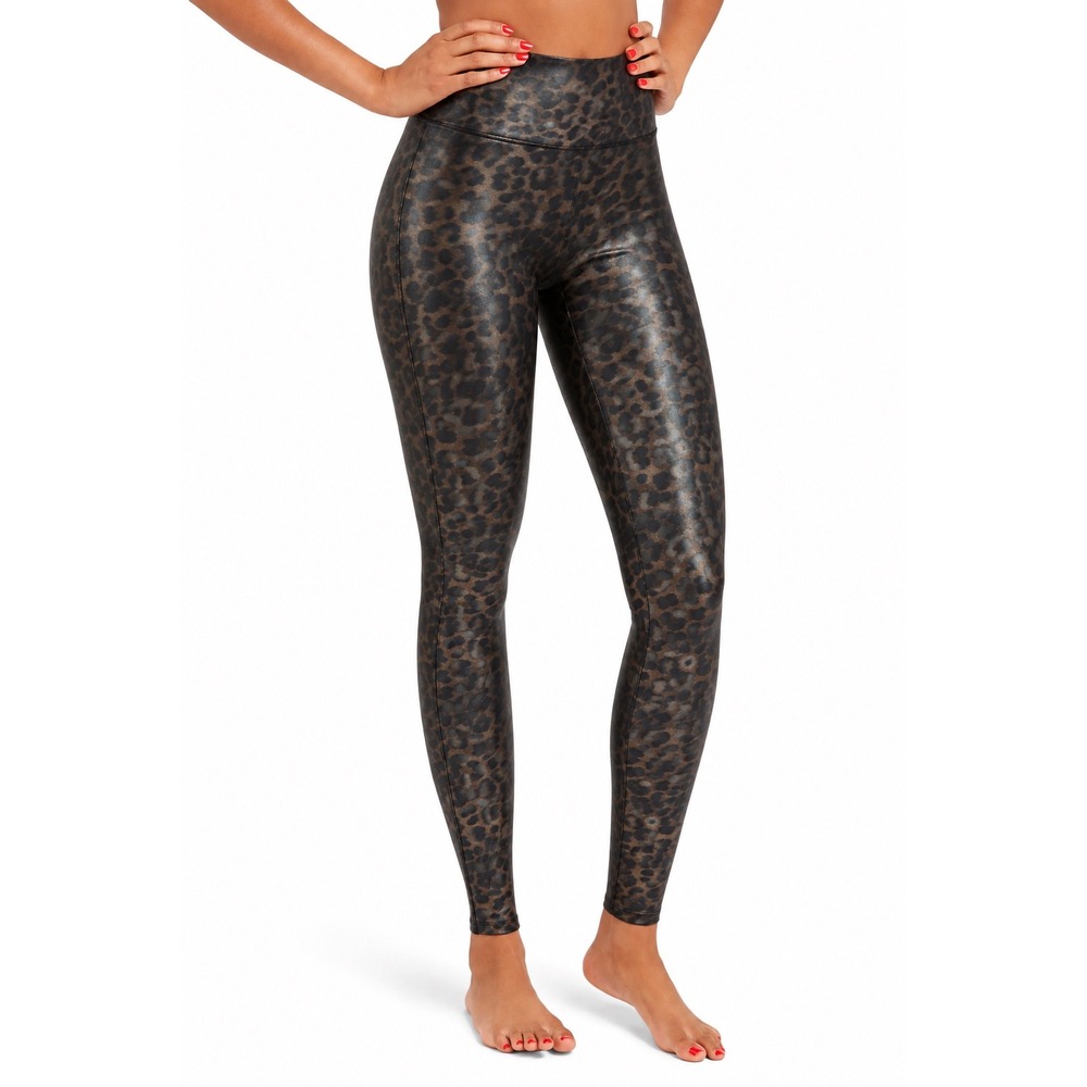 Spanx Faux Leather Leopard Shine Leggings High Rise Animal Print S Glam Edgy